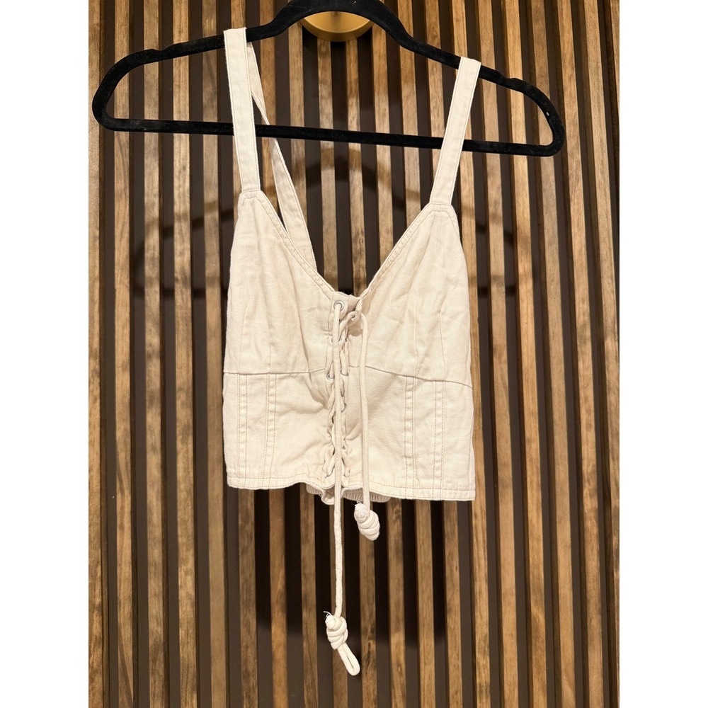 American Eagle Crop Top Lace Up Corset Tank Top Beige‎ Sleeveless Casual